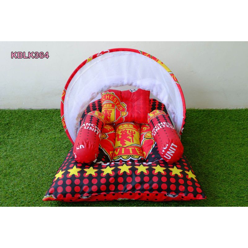 Kasur Bayi motif bola MU. Kelambu Lipat Set Bantal Guling | Tempat Tidur Baby New Born Lucu Dan Aman