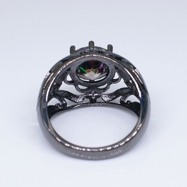 Cincin Batu Natural Mystic Quartz Rainbow Pelangi Ring Black Platted Klasik