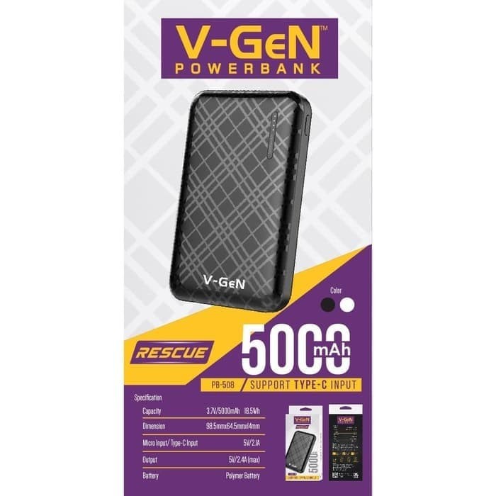 POWER BANK VGEN 5000MAH RESCUE FAST 2.4A SUPPORT TYPE C