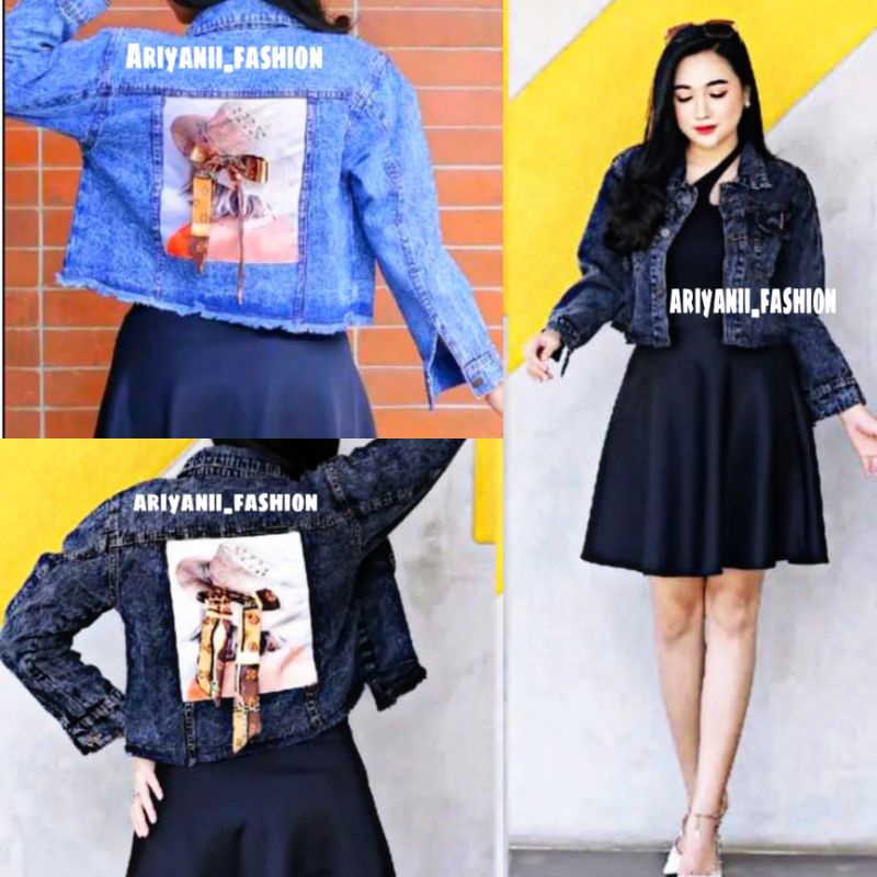 ARN - JAKET WANITA JEANS CROP OVERSIZE PITA JACKET DENIM MURAH KEKINIAN JINS SOBEK RAWIS CEWEK KOREAN ORIGINAL SNOW MODEL GAMBAR BELAKANG EMBLEM 3D Style BARU