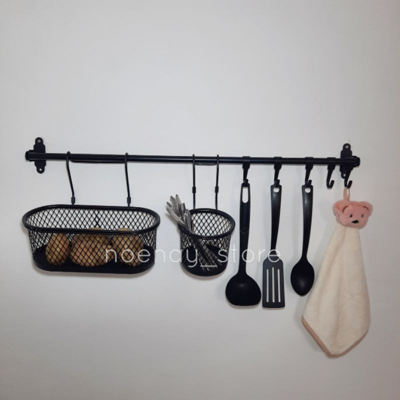 Kitchen Rail Systems Rel Dapur Set Keranjang Gantung Tempat Sendok Hitam