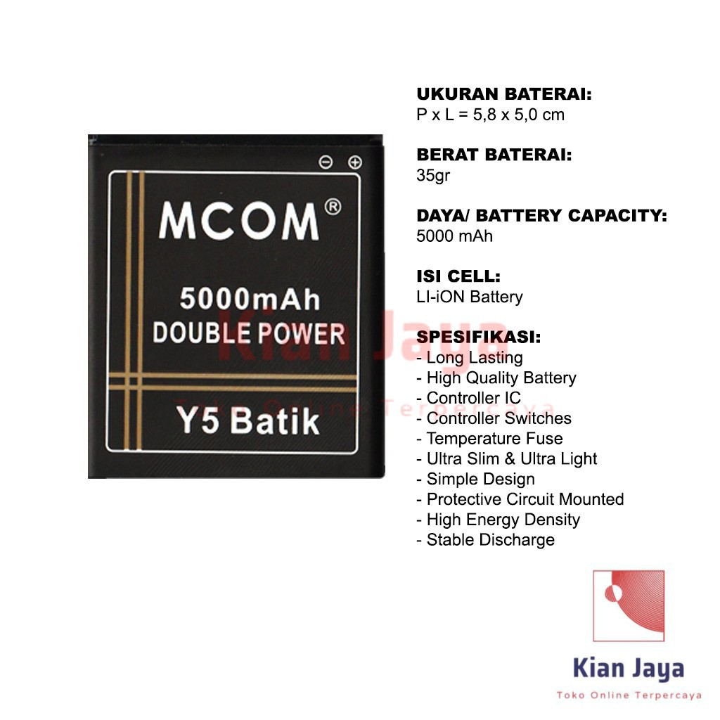 MCOM Baterai Hp Huawei Ascend Y541 Y3 Y5 Batik Original Double Power Batre Batrai Battery HB5V1