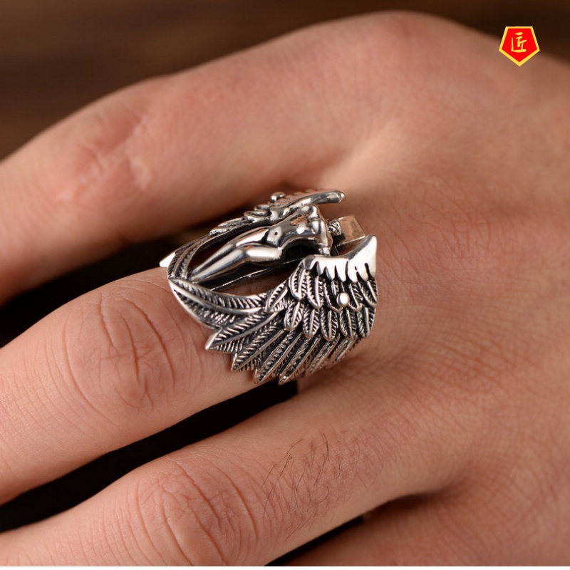 [Ready Stock]Retro S925 Silver Angel Personality Cross Ring High Profile Fashion Personality