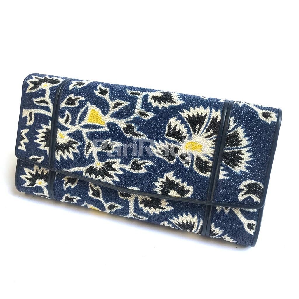 Dompet wanita kulit ikan pari asli model besar motif bunga biru | dompet kulit ikan pari asli