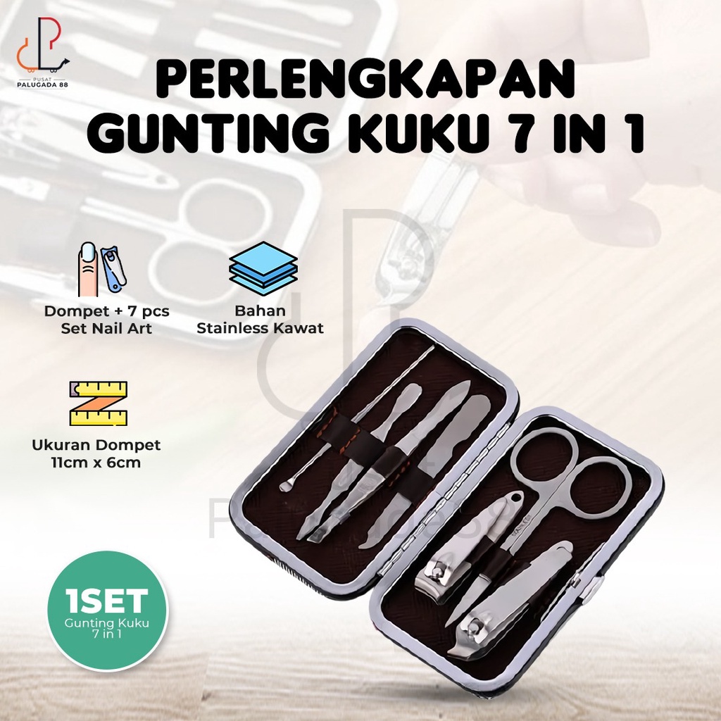 menicure Pedicure 7 in 1 Nail Art Set Alat Potong Gunting Kuku kit alat manikur DOMPET 7pcs Lancip Pinset Wajah Pengasah Korek Kuping Telinga