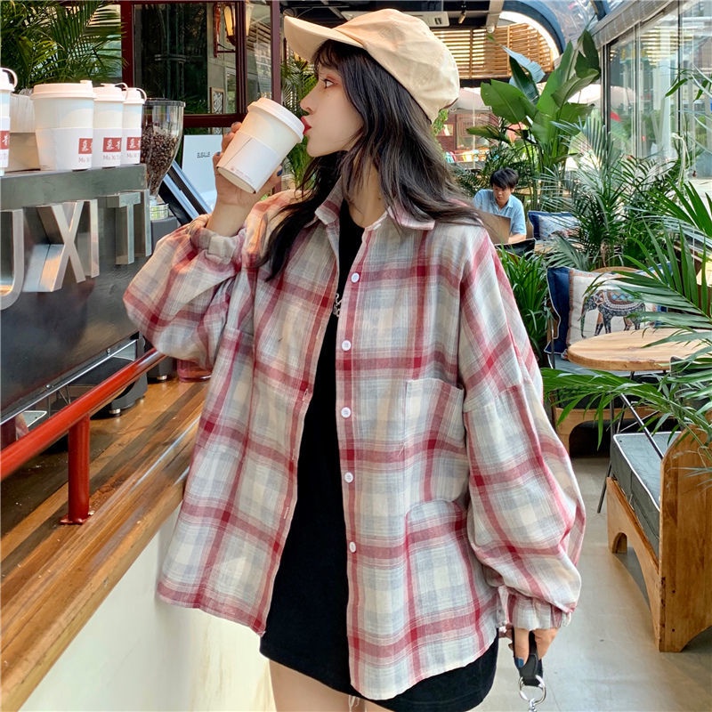 Kemeja Kotak-kotak / Pakaian Luar Longgar Wanita/ Mantel Fashion