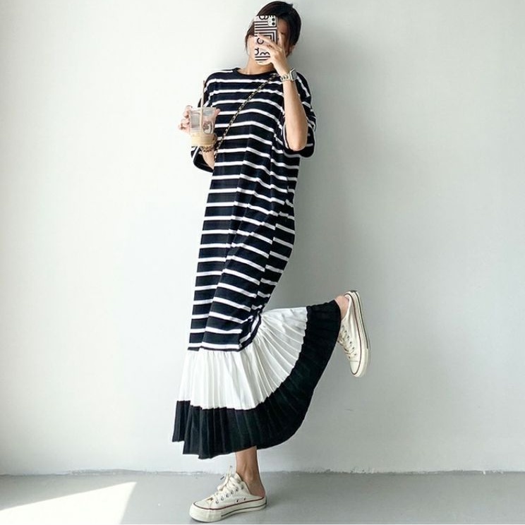 82810 Baju Midi dress DROP WAIST Korean style motif Salur hitam polos cewek import fashion remaja pe