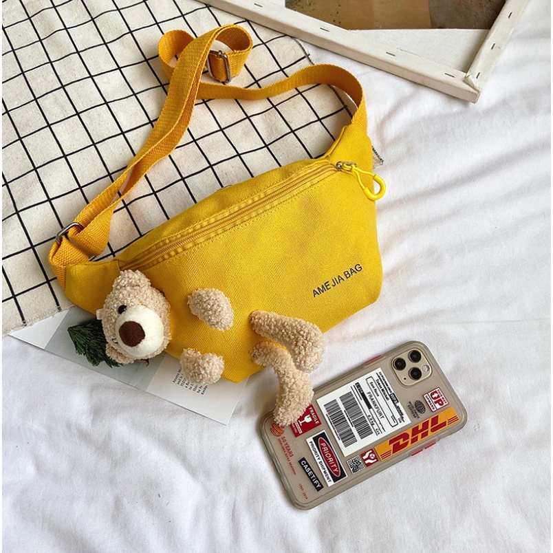 CHIKOISME - AML BEAR Waist Bag Tas Selempang Bahu Waistbag Canvas Gantungan Boneka Lucu Slingbag Unisex  Remaja Cute Korean Import NR