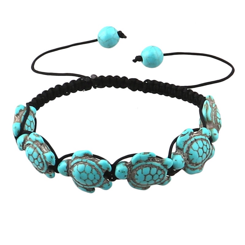 Gelang Tali Kepang Adjustable Desain Kura-Kura Turquoise Gaya Vintage Bohemian