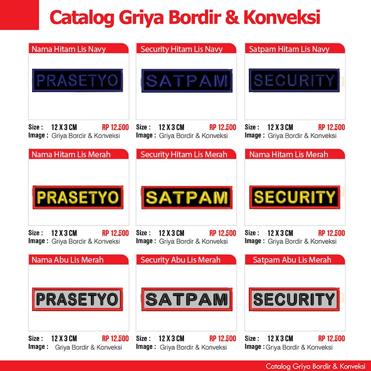 BET BORDIR PAPAN NAMA - SATPAM 1 SUSUN TIMBUL