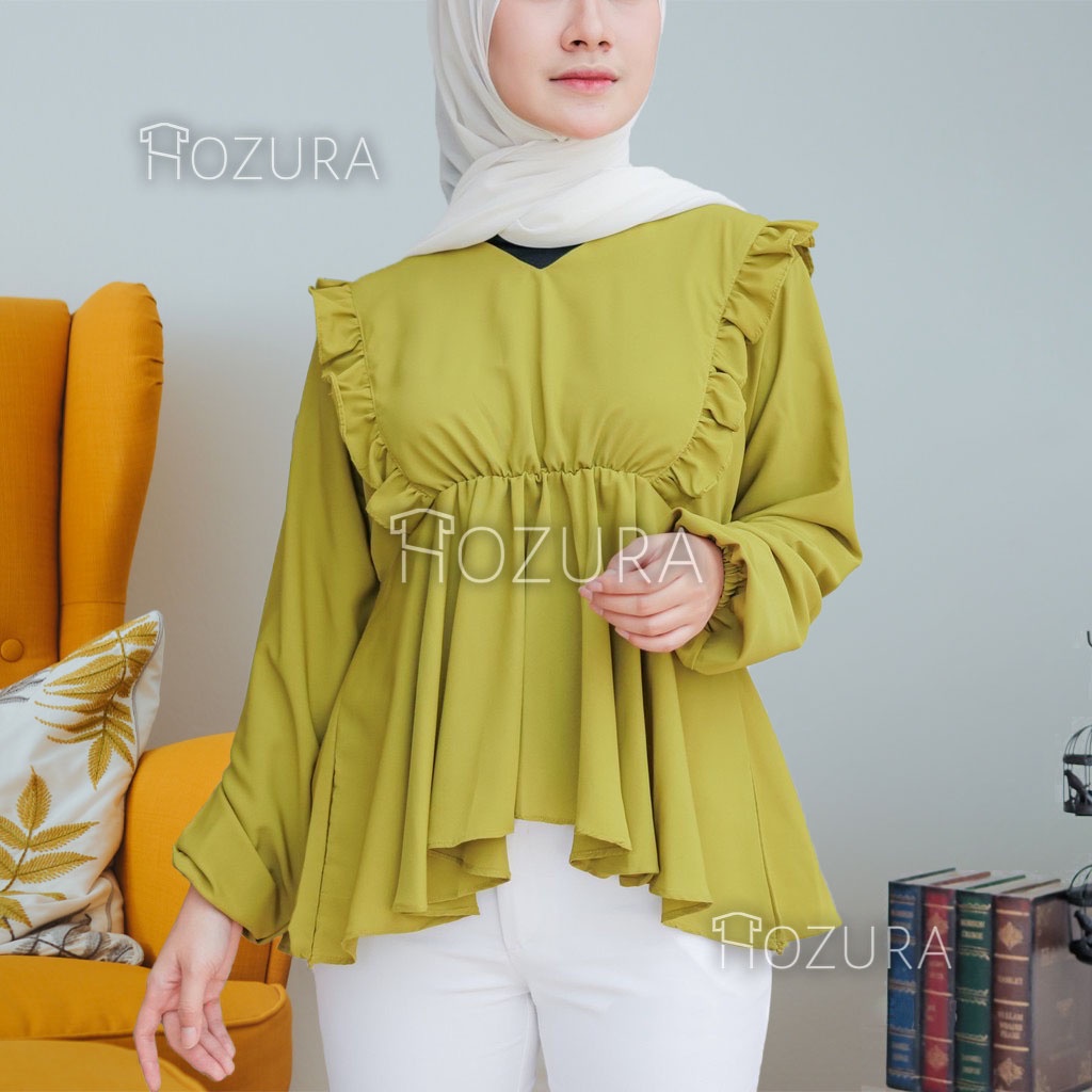 HOZURA - Blouse Dina - Atasan Muslim Wanita - Blus Wanita Muslim Ruffle - Baju Atasan Wanita Salma Blouse Kemeja Rempel Dada Crinkle Blouse Atasan Wanita Polos - Top - Baju Muslim Wanita - Blus Muslim Mewah - Kekinian Murah Gratis Ongkir COD