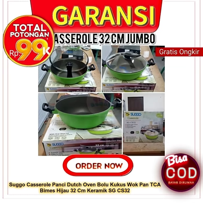 SUGGO Casserole Panci Dutch Oven Bolu Kukus Wok Pan TCA Bimes Hijau 32 Cm Keramik SG CS32