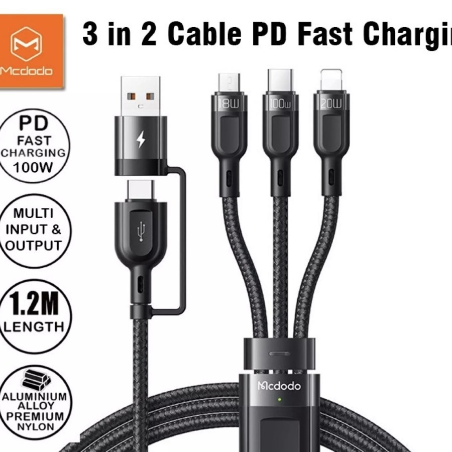 Kabel Data Mcdodo Original 100W PD Fast Charging 3 in 2 PD 6A C To C / C To Iphone / C To Micro / Us