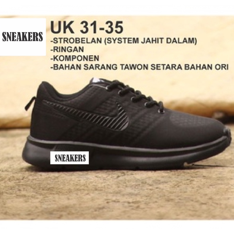 sepatu anak sekolah tk paud sd nike full hitam full embos ukuran 31 - 35