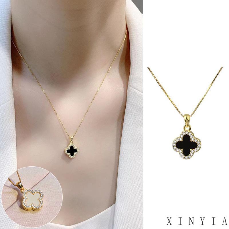 18K Kalung Titanium Anti Karat Rantai Kalung Rantai Liontin Daun Clover Hias Zircon Aksesoris Wanita