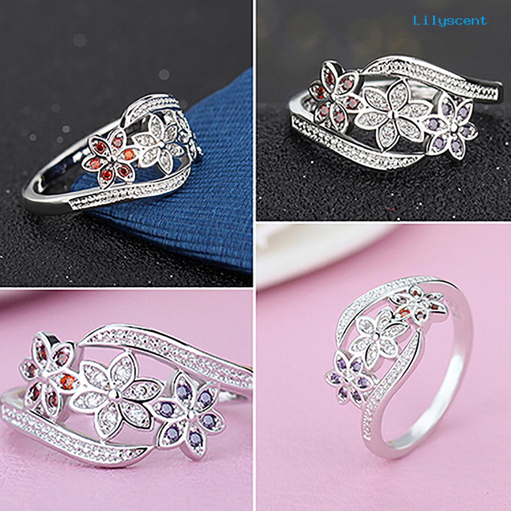 Ls Cincin Wanita Lapis Silver Desain Bunga Hias Cubic Zirconia Berkilau Untuk Pernikahan