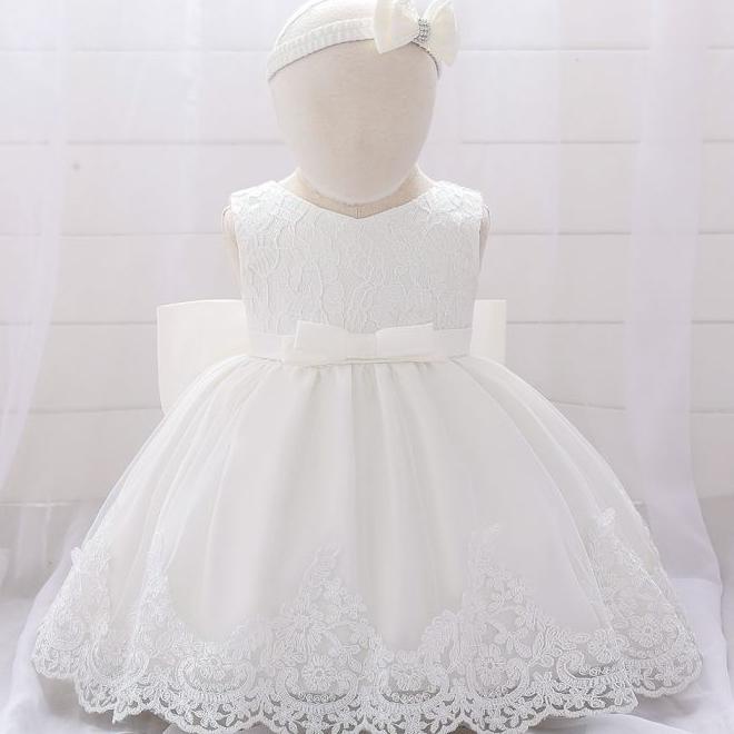 Dress Pesta Bayi 3 - 18 Bulan . Gaun Baby Import . DP-047 Putih - 80