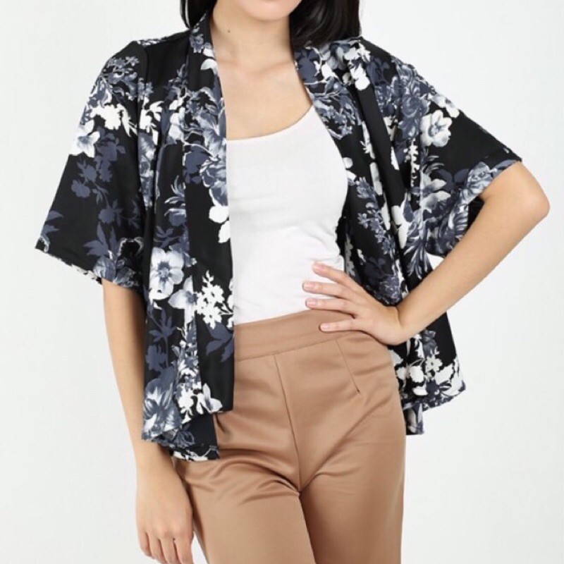 Outer luaran kimono motif flower bunga black hitam satin premium blazer murah wanita korean korea