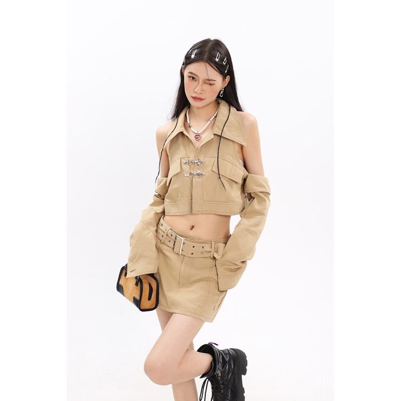 #Sisjuly# Wanita Retro Manis Dan Keren Pakaian Kerja Off-the-shoulder Jaket Pendek Baru Setelan Rok