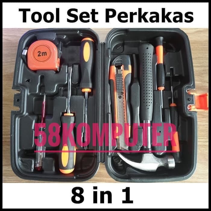 Toolkit Set Box Peralatan Tukang Palu Obeng Cutter Meteran Tester Listrik 8 In 1