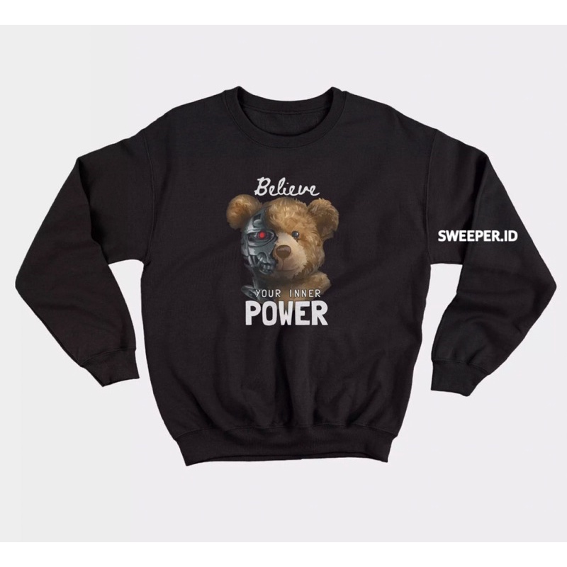 SWEATER CREWNECK TEDDY BEAR CAMPUR WARNA HITAM BAHAN FLEECE