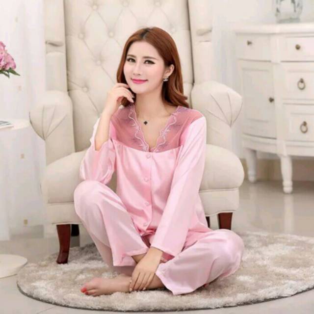 Baju Tidur Wanita Saten Premium Sexy Lingerie Piyama Set Celana Panjang