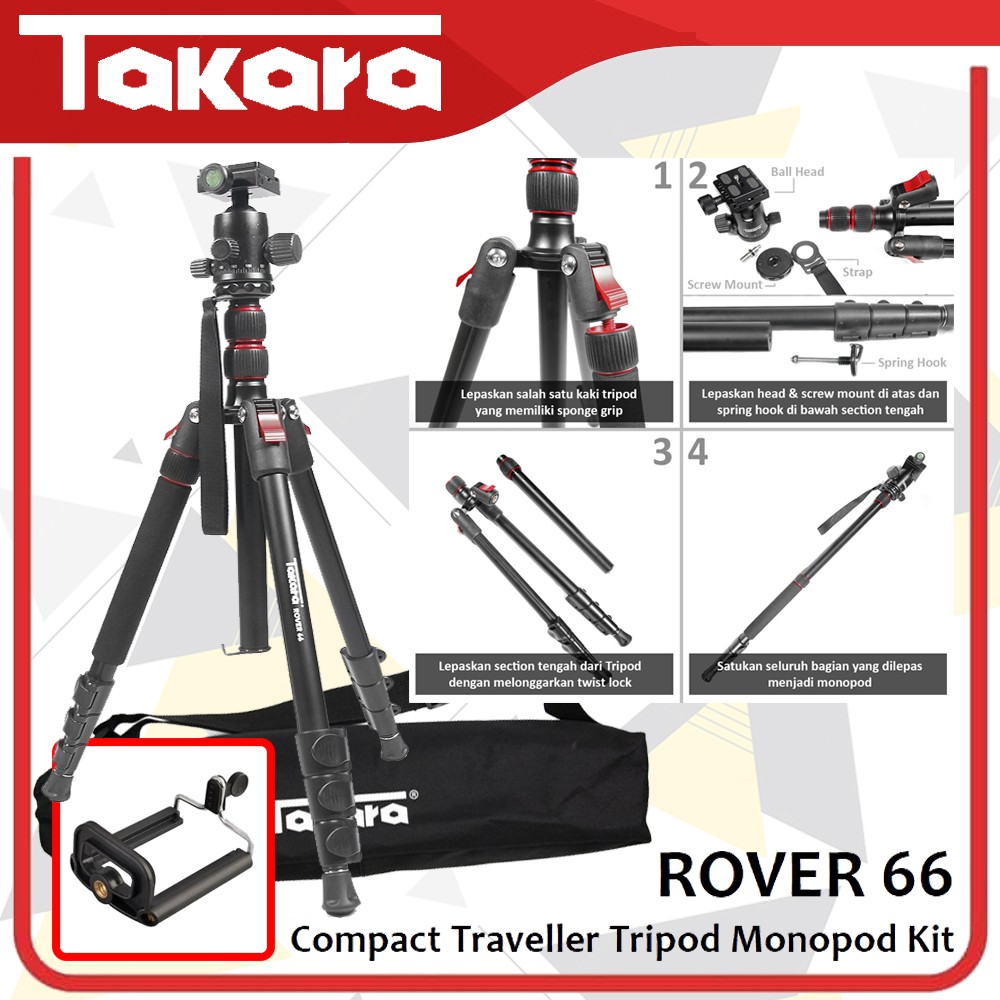 Tripod Takara Rover 66 Travel Monopod Kamera DSLR Mirrorless Handycam - phone holder