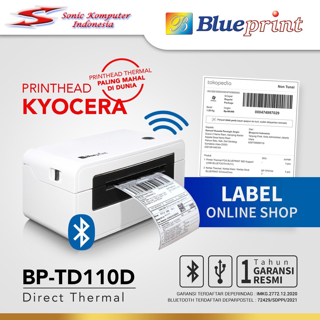 Printer Barcode Thermal Blueprint TD110D Bluetooth USB Label Resi Pengiriman A6 BP-TD110D