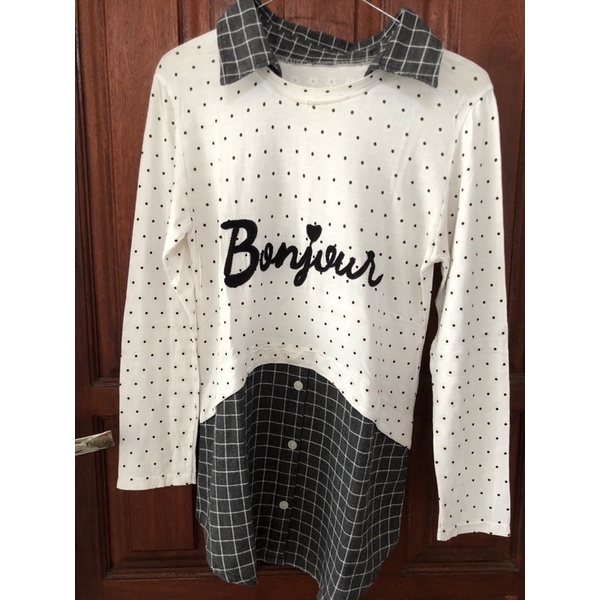 PRELOVED BLOUSE PUTIH POLKADOT KOMBINASI FLANNEL TARTAN
