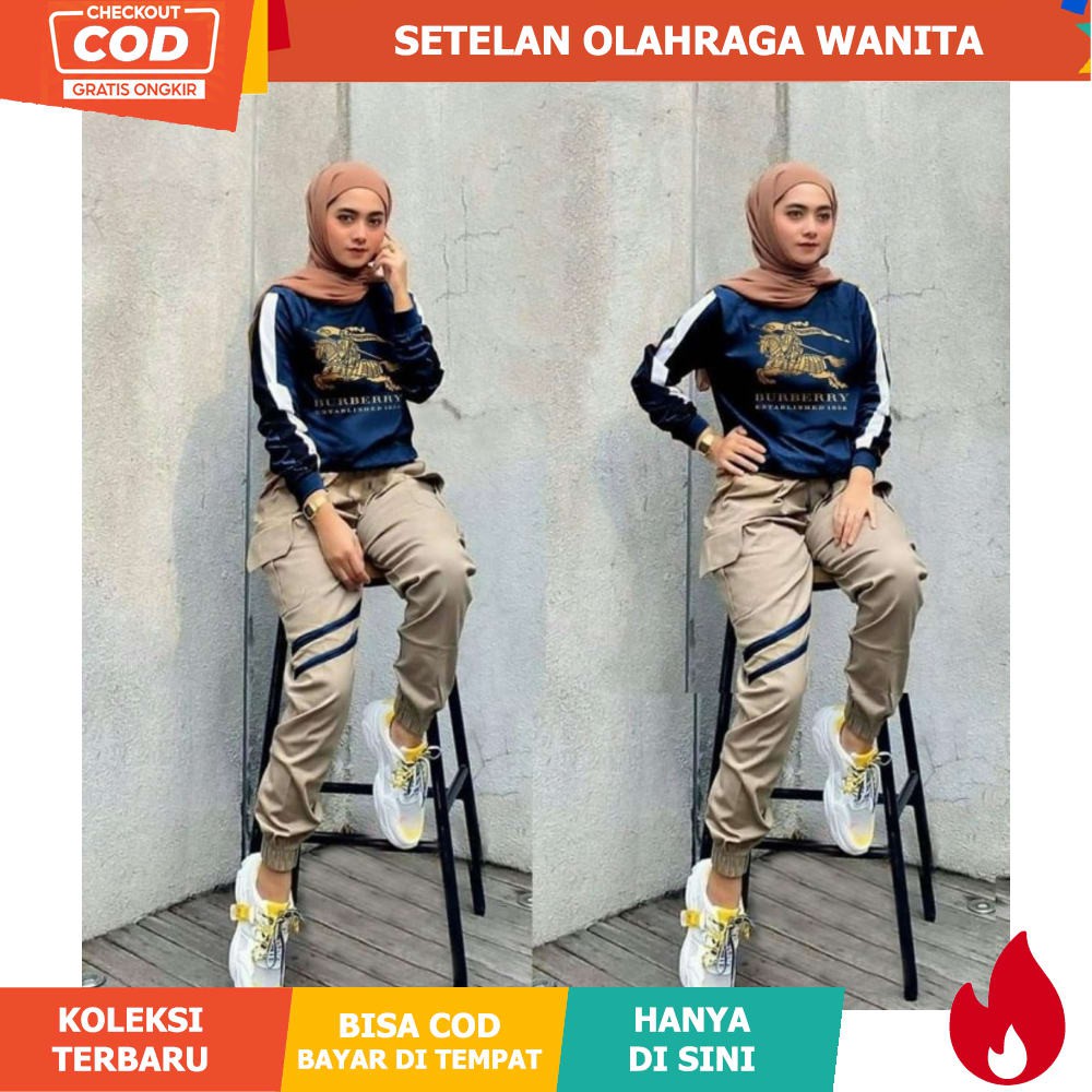 OOTD Kekinian Baju Olahraga Muslimah Buntiq Warna Navy Setelan Baju Senam Muslimah dan Celana Sena