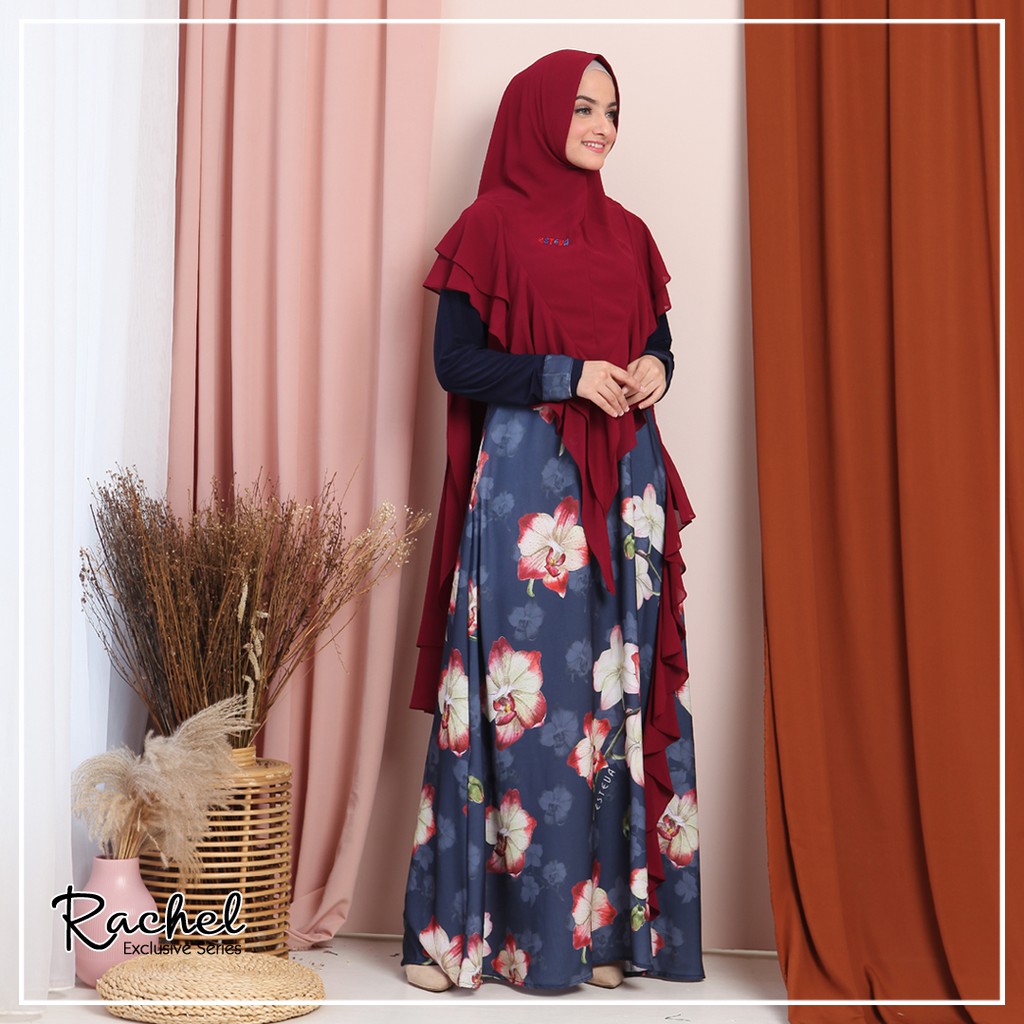 RACHEL EXCLUSIVE SERIES BAJU GAMIS SYARI SET PRINTING KHIMAR CERUTY BABYDOLL BY ESTEVA