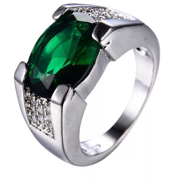 Cincin Batu Permata Zamrud Hijau Green Emerald Cubic Zirconia Ring Perak Elegan Mewah Kasual Minimalis