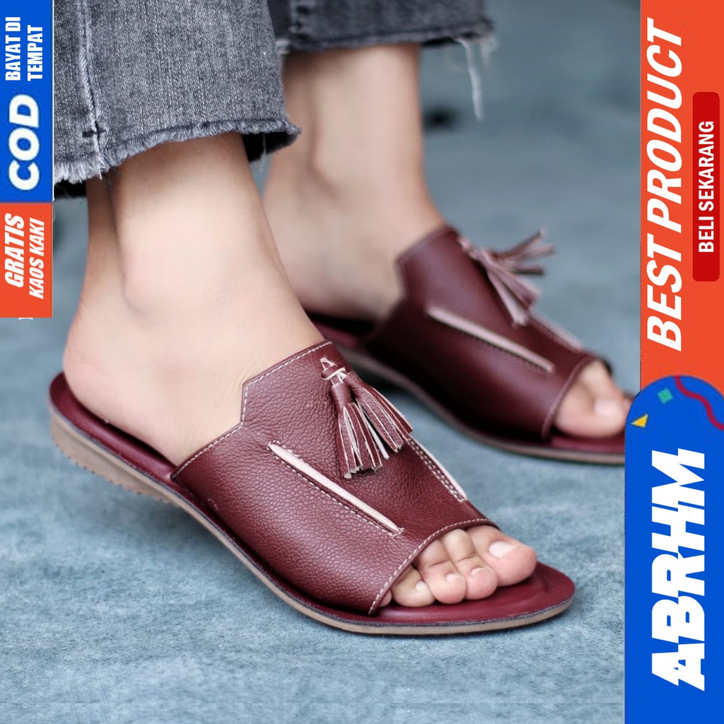 ABRHM x KIMO Sandal Kulit Wanita Papirut Sendal Slop Asli Garut Sendal Kokop wanita Santai Gaya Keren kekinian