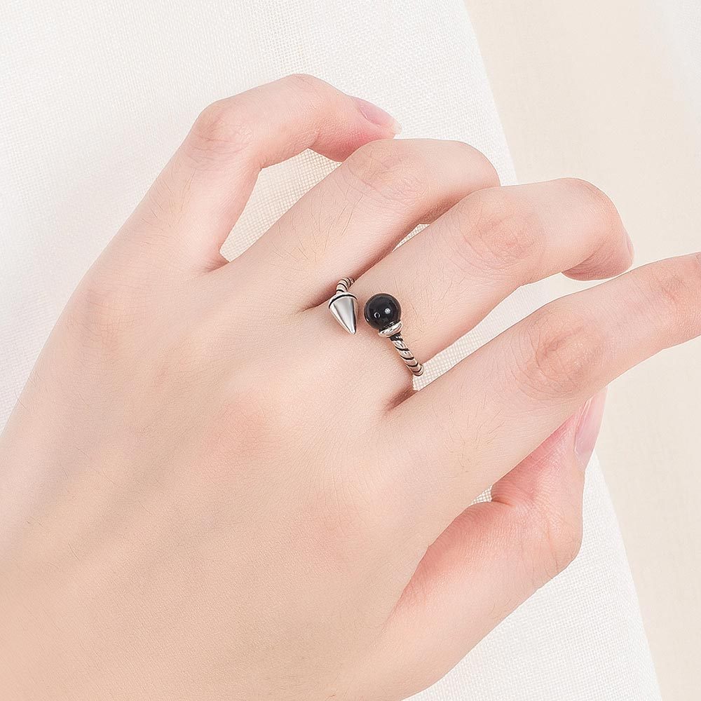 925 Perak Cincin Untuk Wanita/Cincin yang Dapat Diatur Perhiasan Retro batu akik hitam JZ00072