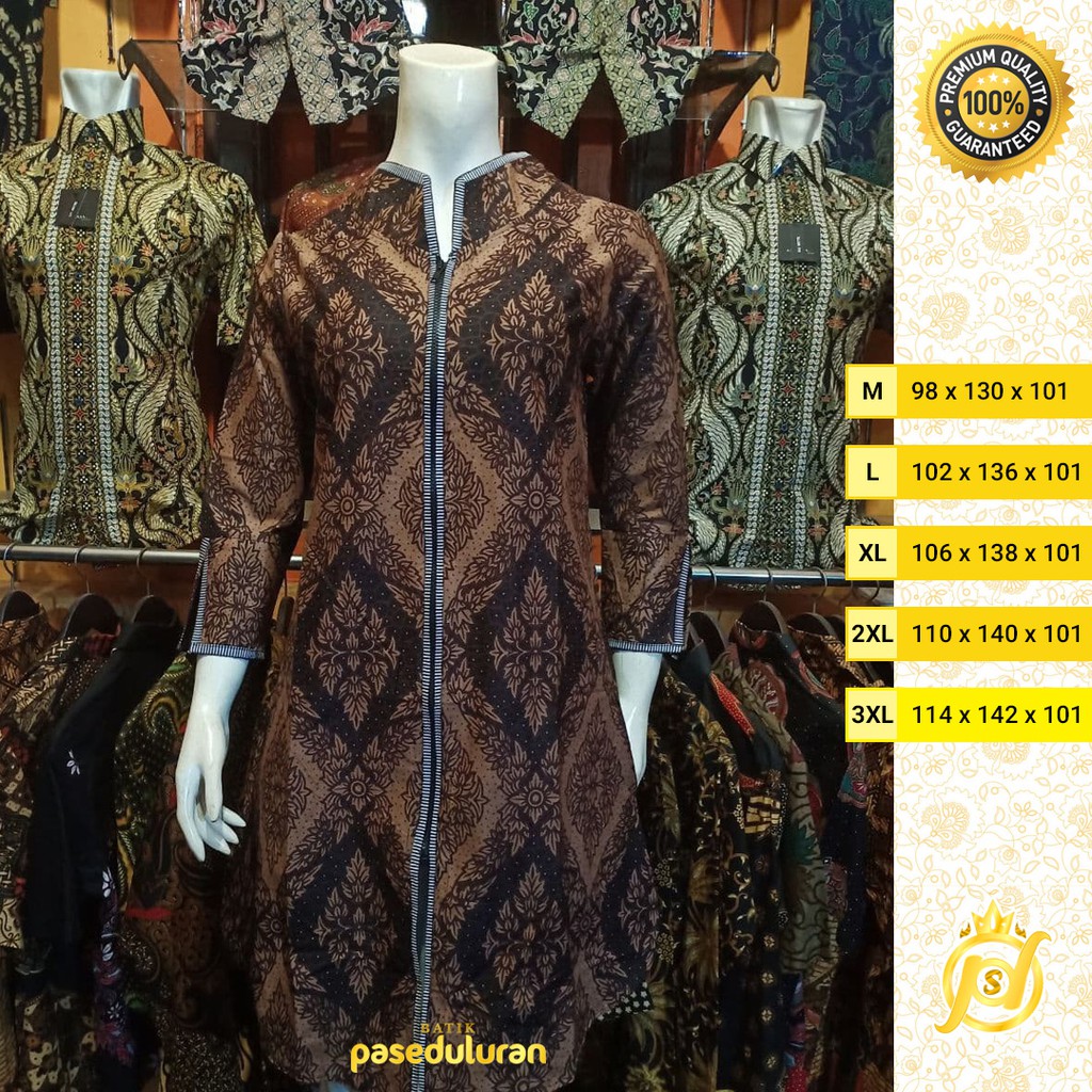 Tunik Wanita Batik Atasan Premium Motif Daun Ketupat Warna Coklat Resleting Panjang Terbaru