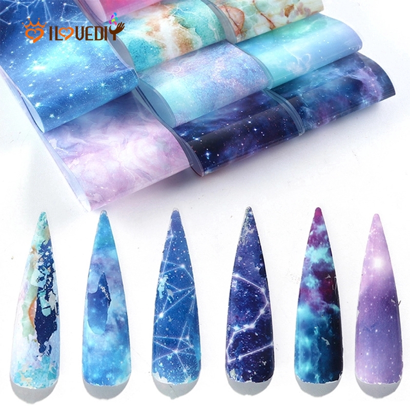 10 Lembar Stiker Kuku Foil Holografik Gradasi Starry Sky Transfer Air Untuk Dekorasi Manicure/Nail Art