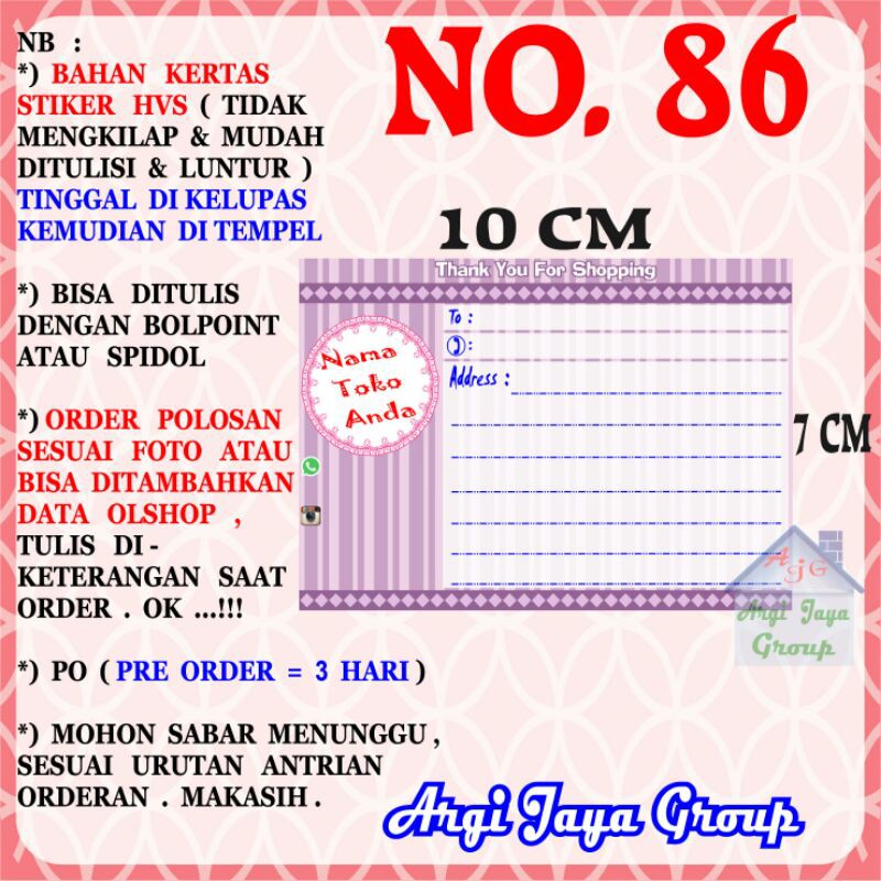 

Stiker HVS - Stiker Pengiriman - Sticker Alamat Olshop Murah Nomer 86 - 10x7cm