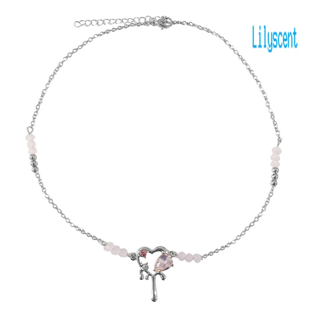 Kalung Choker Manik-Manik Bentuk Hati Bahan Cubic Zirconia Warna Pink Untuk Wanita