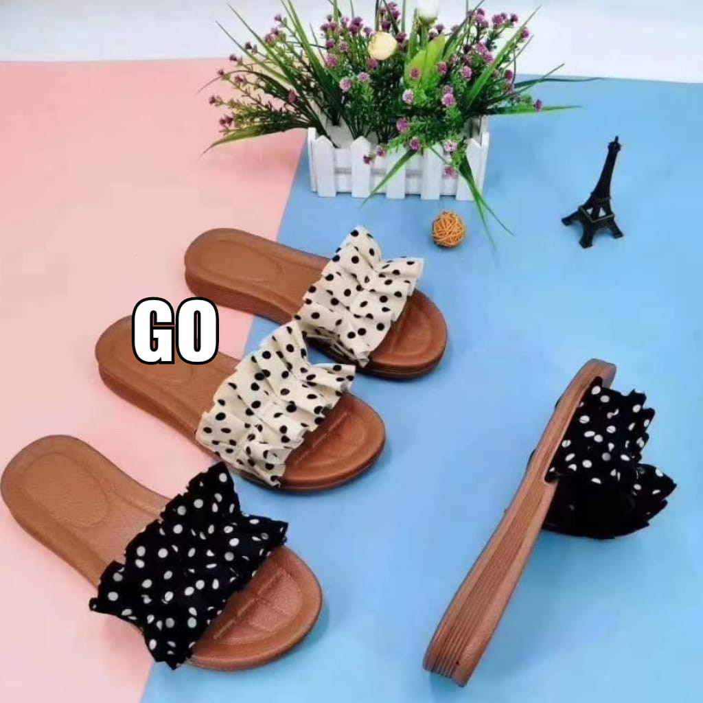 gos Import REMPOL POLKADOT COKLAT Sandal Wanita Murah Slip Casual Teplek Sendal Cewek Flat