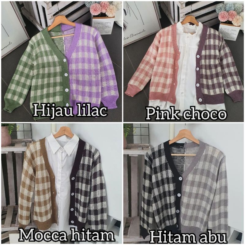 wonderland cardigan rajutan wanita/cardigan kotak kotak kombinasi warna/cardigan murah