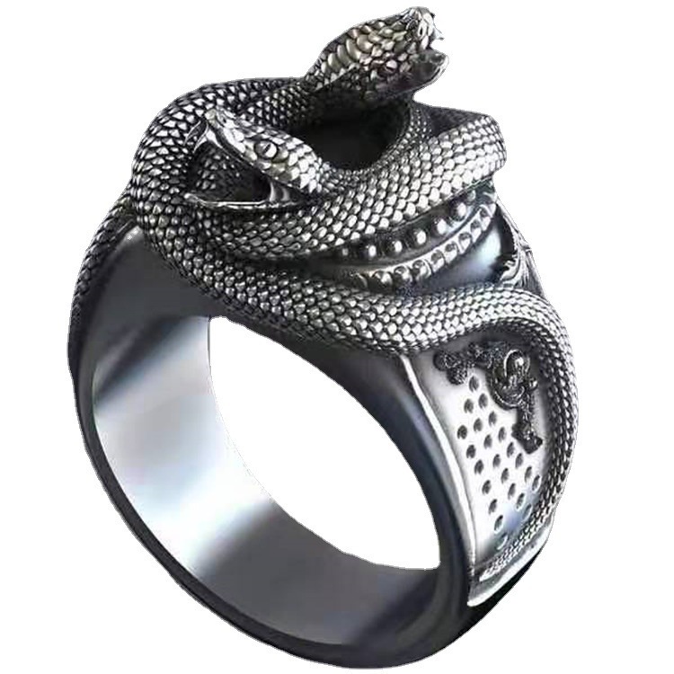 Cincin Silver Plated Model Kepala Ular Ganda Gaya Rock Untuk Pria