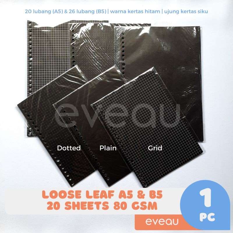 

Loose Leaf A5 B5 20 lembar 80 gsm Kertas Isi Binder Warna Hitam | Motif Plain Grid Dot