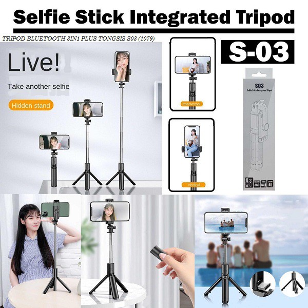 TONGSIS S03 S03S LED BLUETOOTH TRIPOD 3IN1 SELFIE STICK BLUETOOTH REMOTE CONTROL