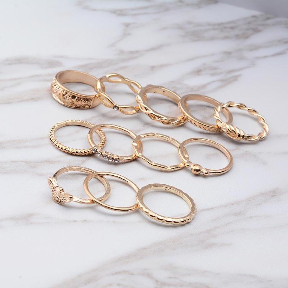 Timekey 12Pcs / Set Cincin Buku Jari Aneka Bentuk Warna Gold Gaya Boho Vintage Untuk Wanita A8K6