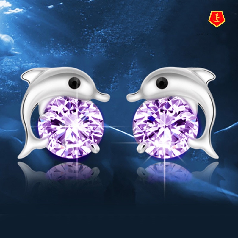 [Ready Stock]Silver Dolphin Diamond Stud Earrings Korean Style Fashion