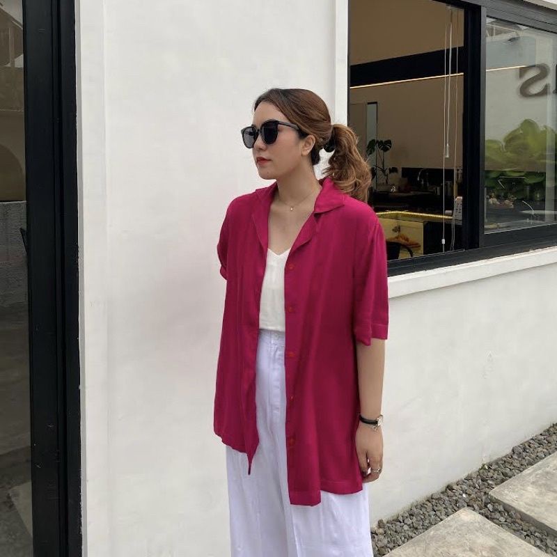 ATASAN WANITA KEMEJA OVERSIZED LENGAN PENDEK