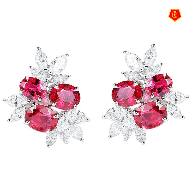 [Ready Stock]18K White Gold Ruby Stud Earrings Luxury Sapphire