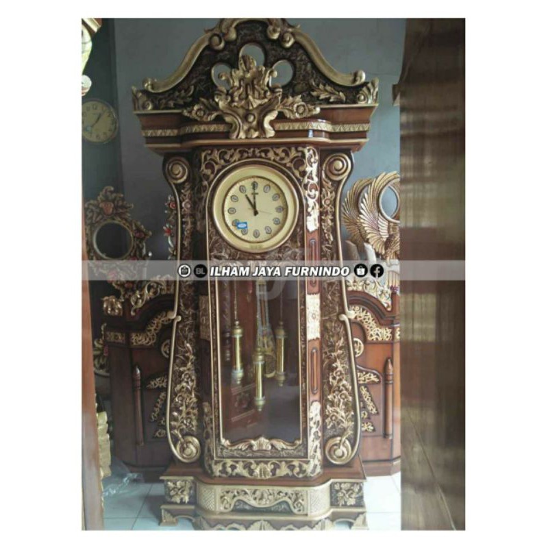 ALMARI LEMARI JAM HIAS JUMBO MAHKOTA JATI NATURAL GOLD JEPARA - IJF121