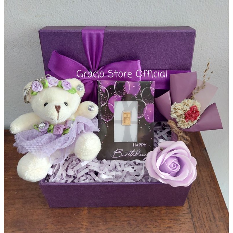 GIFT BOX EDISI HAPPY BIRTHDAY NUANSA UNGU HAMPERS LOGAM MULIA ANTAM 1 GR