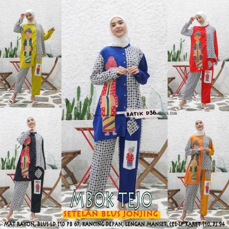 (Semerbak) Setelan Wanita Blus Jonjing Lengan Manset Kancing Depan Mbok Tejo Rayon Halus Jumbo Kekinian Murah One set rayon  pajamas wanita remaja cewek cewe motif corak batik pesta santai baju tidur hangout hits trendy kece gaul modern kekinian terbaru